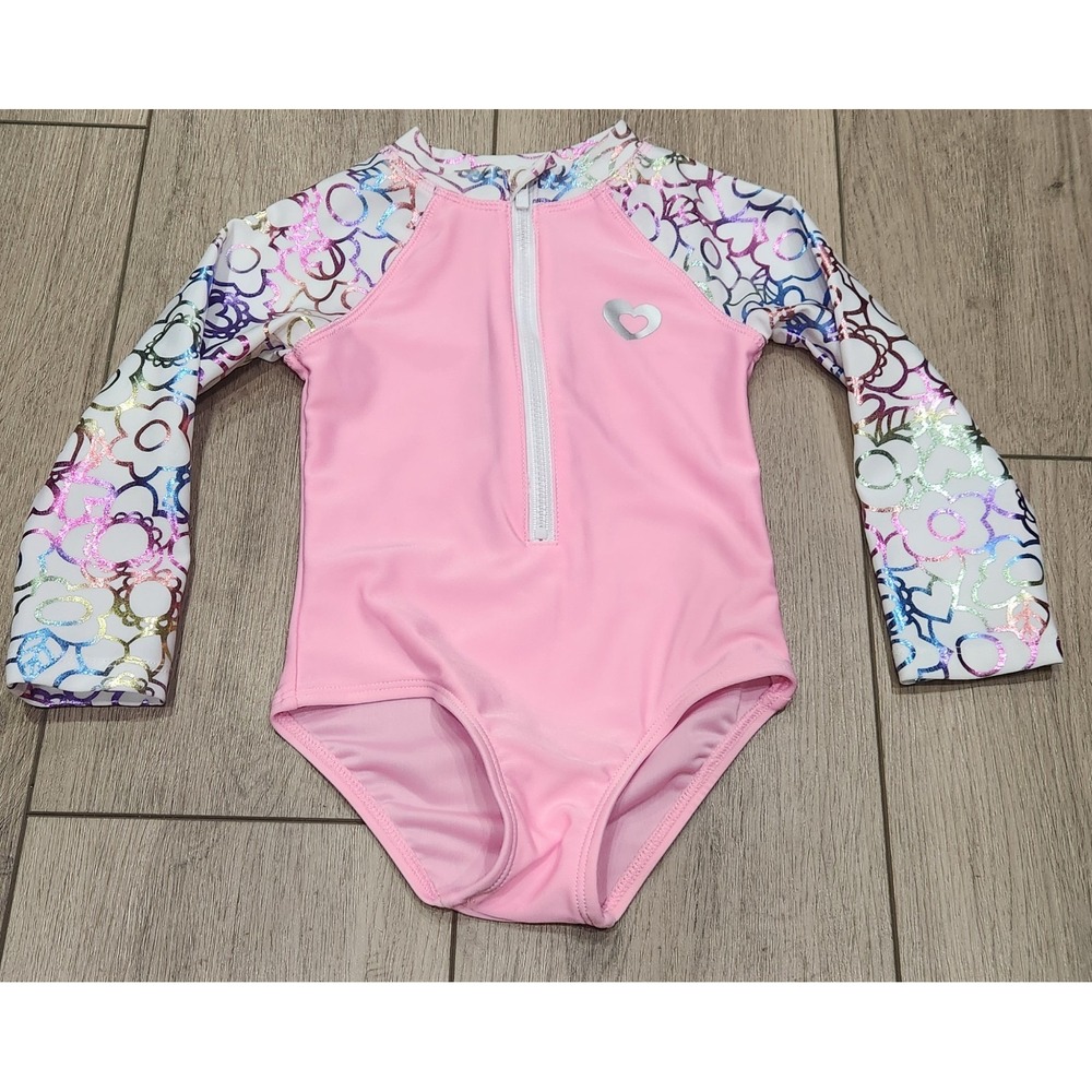 Toddler Girls Pink Hearts Flowers One Piece Swimsuit Rash‎ Guard Size 2T